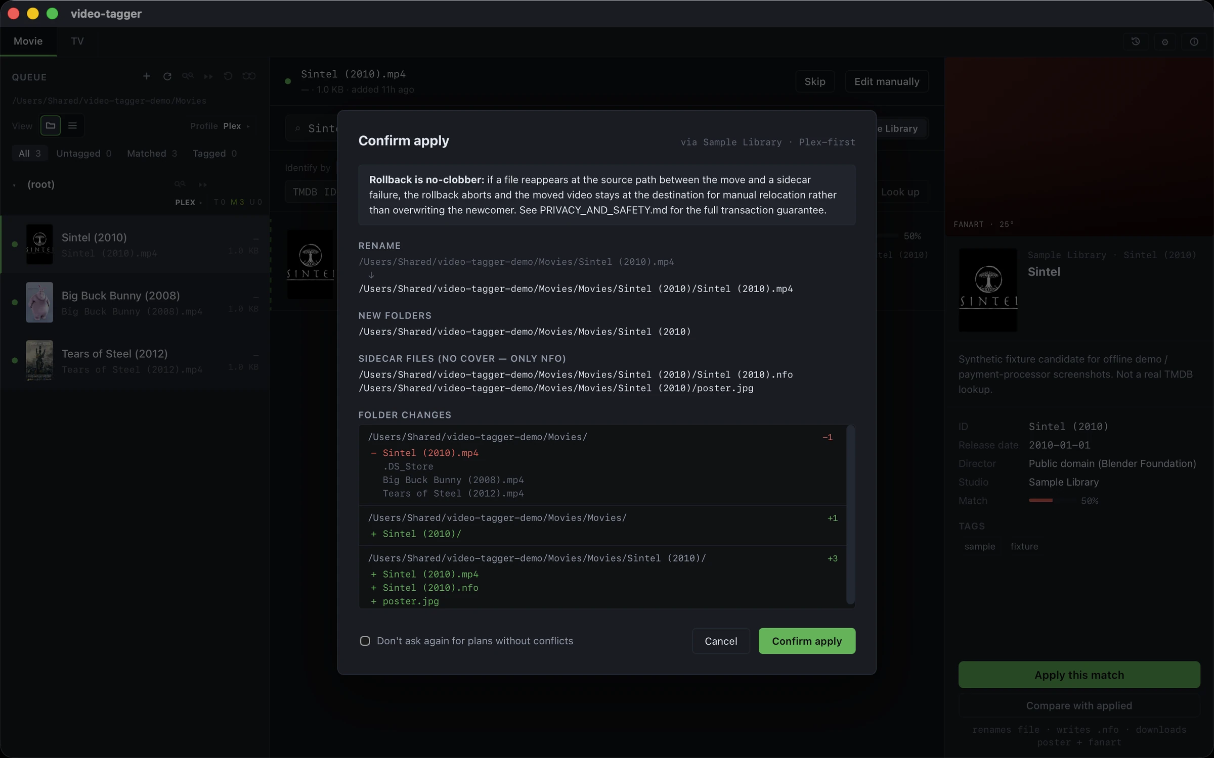 Video Tagger apply changes preview showing rename, new folders, and sidecar files before writing to disk