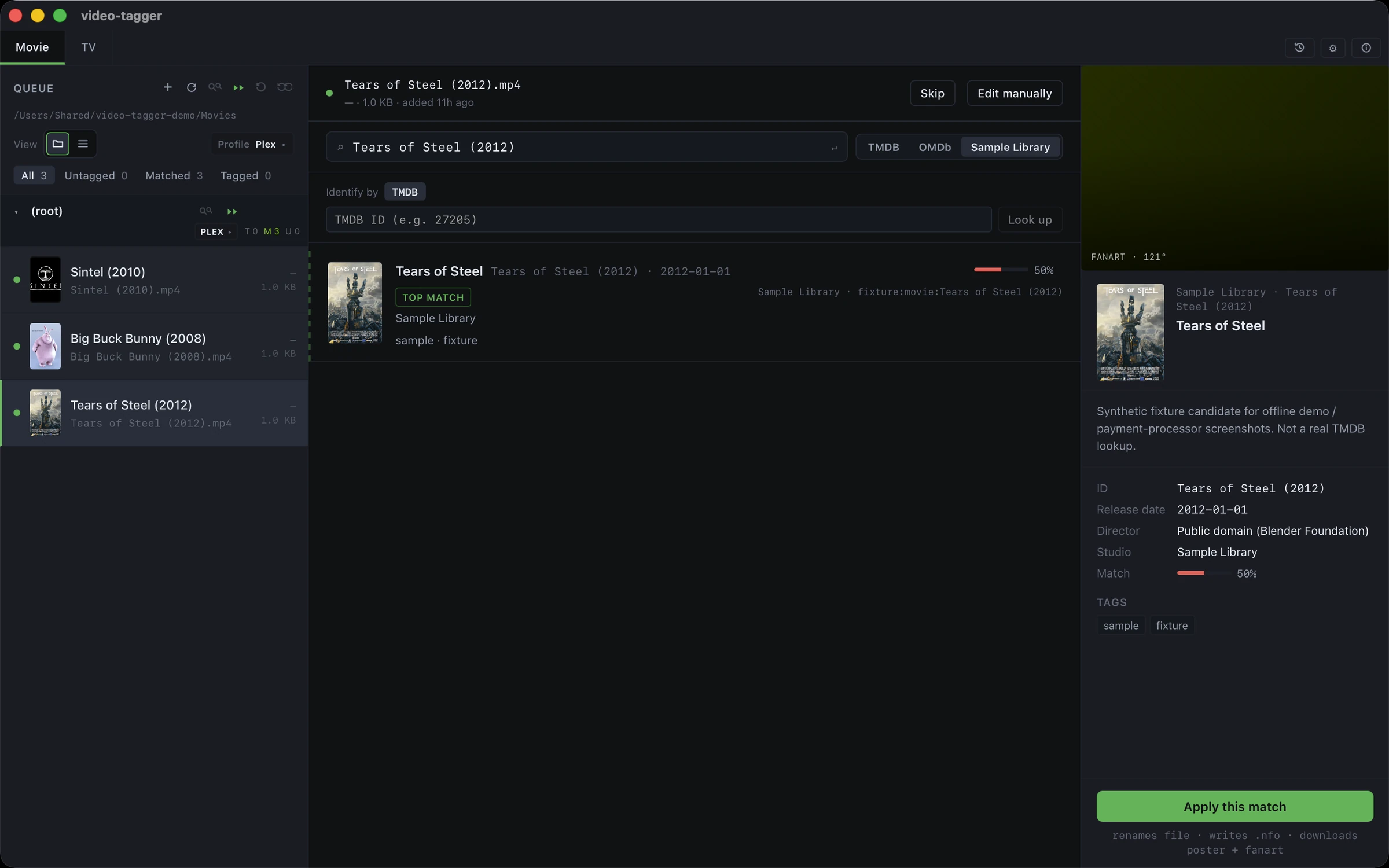 Video Tagger main interface screenshot showing a movie queue and a selected title with metadata preview