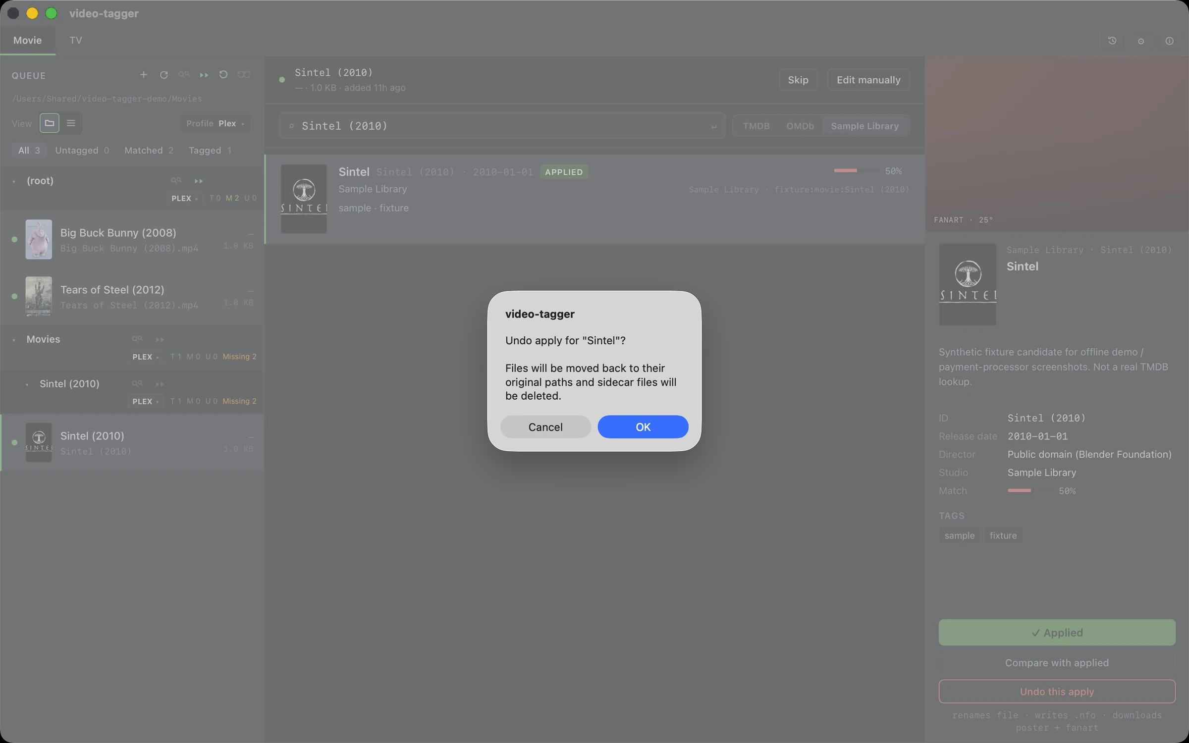Video Tagger undo changes dialog to restore original file paths and remove sidecar files